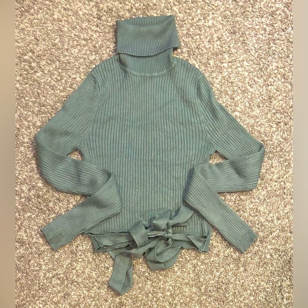 It's Our Time Green Ribbed Turtleneck Sweater with Tie at Waist